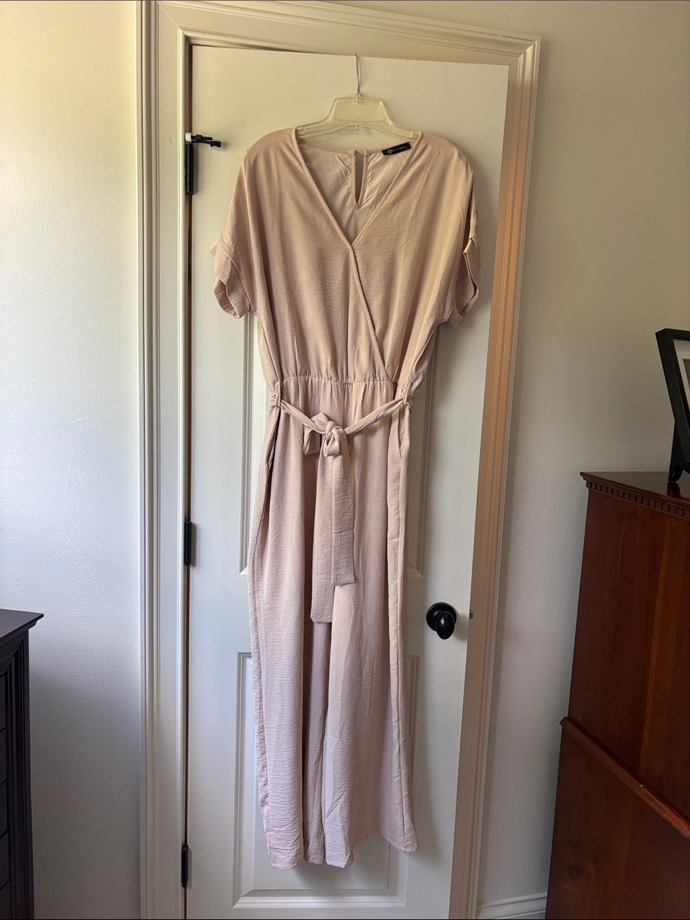 Light Blush Wrap-Style Women's Jumpsuir with Tie Waist